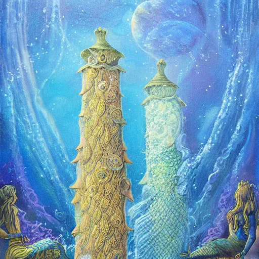 Image similar to highly detailed pleadian towers and worlds with mermaids swimming in the deep with blue hue oil painting