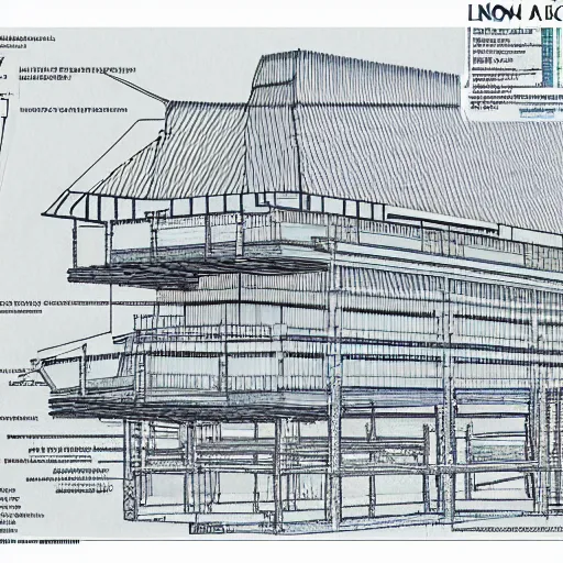 Image similar to noah's ark blueprints, white on blue, line drawing, 4 view, plant elevation profile, hyper detailed, construction plans