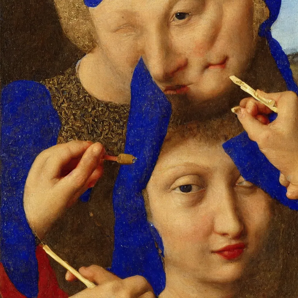 Prompt: close up of the artist face painting a miniature, lapis - lazuli. painting by jan van eyck