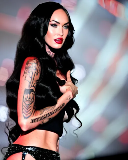 Prompt: megan fox with dark eye makeup, fancy vegas show girl in on stage, long windblown black hair octane