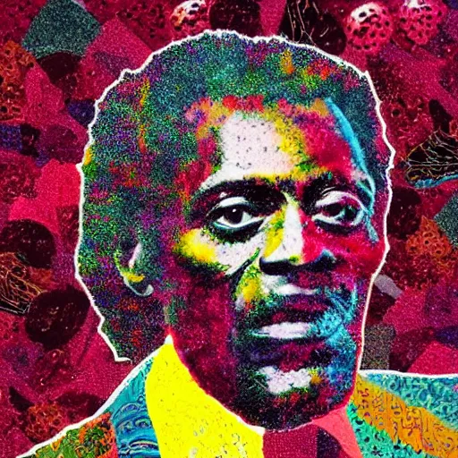 Image similar to a portrait of of chuck berry constructed from berries, collage, drop shadow, organic, layered composition, layers, texture, mcu, highly textured, layered, sculpted, dynamic,