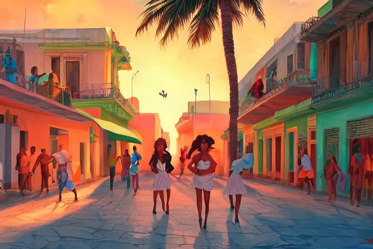 Image similar to concept art, painting of cuban women in havana, digital anime art, good lighting, sunset