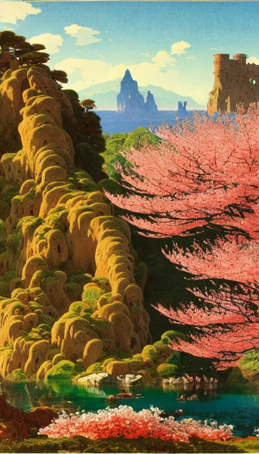 Prompt: ghibli illustrated background of a strikingly beautiful landform with strange rock formations acastle is seen in the distance, and red water and cherry blossoms by vasily polenov, eugene von guerard, ivan shishkin, albert edelfelt, john singer sargent, albert bierstadt 4 k