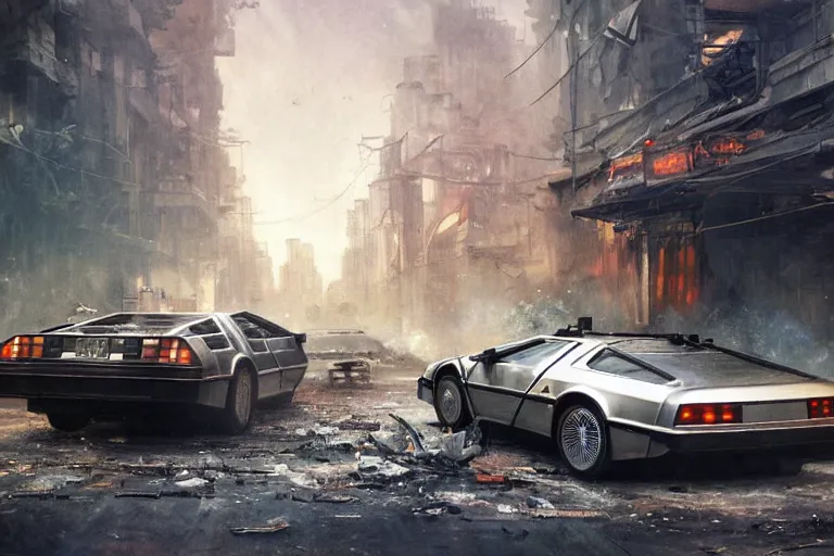 Image similar to photograph of the delorean driving down the streets of a cyberpunk abandoned city, by greg rutkowski, by stanley artgerm, by alphonse mucha