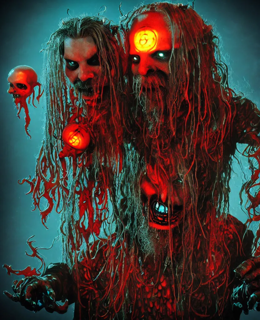 Image similar to Rob Zombie and Captain Spalding (The Devils Rejects) and Slipknot, epic angle and pose, symmetrical artwork, 3d with depth of field, blurred background, cybernetic jellyfish female face skull phoenix bird, translucent, nautilus, energy flows of water and fire. a highly detailed epic cinematic concept art CG render. made in Maya, Blender and Photoshop, octane render, excellent composition, cinematic dystopian brutalist atmosphere, dynamic dramatic cinematic lighting, aesthetic, very inspirational, arthouse. y Greg Rutkowski, Ilya Kuvshinov, WLOP, Stanley Artgerm Lau, Ruan Jia and Fenghua Zhong