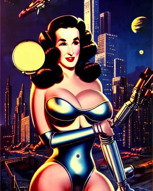 Image similar to closeup beautiful retro space dita von teese posing with a chrome robot in diesel punk city at night, pinup, windblown dark hair, seductive, hyper detailed, digital art, smooth, sharp focus, luis royo, gil elvgren, alberto vargas, 1 9 5 0, when mars attacks