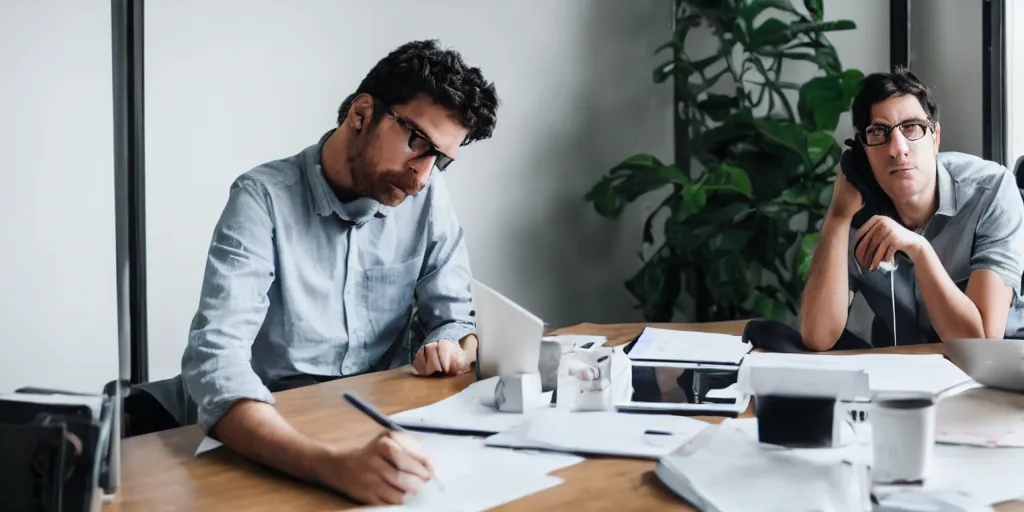 Prompt: freelancer content creator working overtime to respect deadline sitting at desk in start - up business office