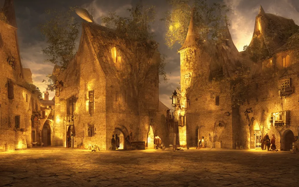 Image similar to at the square of a medieval french village, with a spaceship hovering, a well in the center, arches, orange light, highly detailed, cinematic lighting, render, fantasy