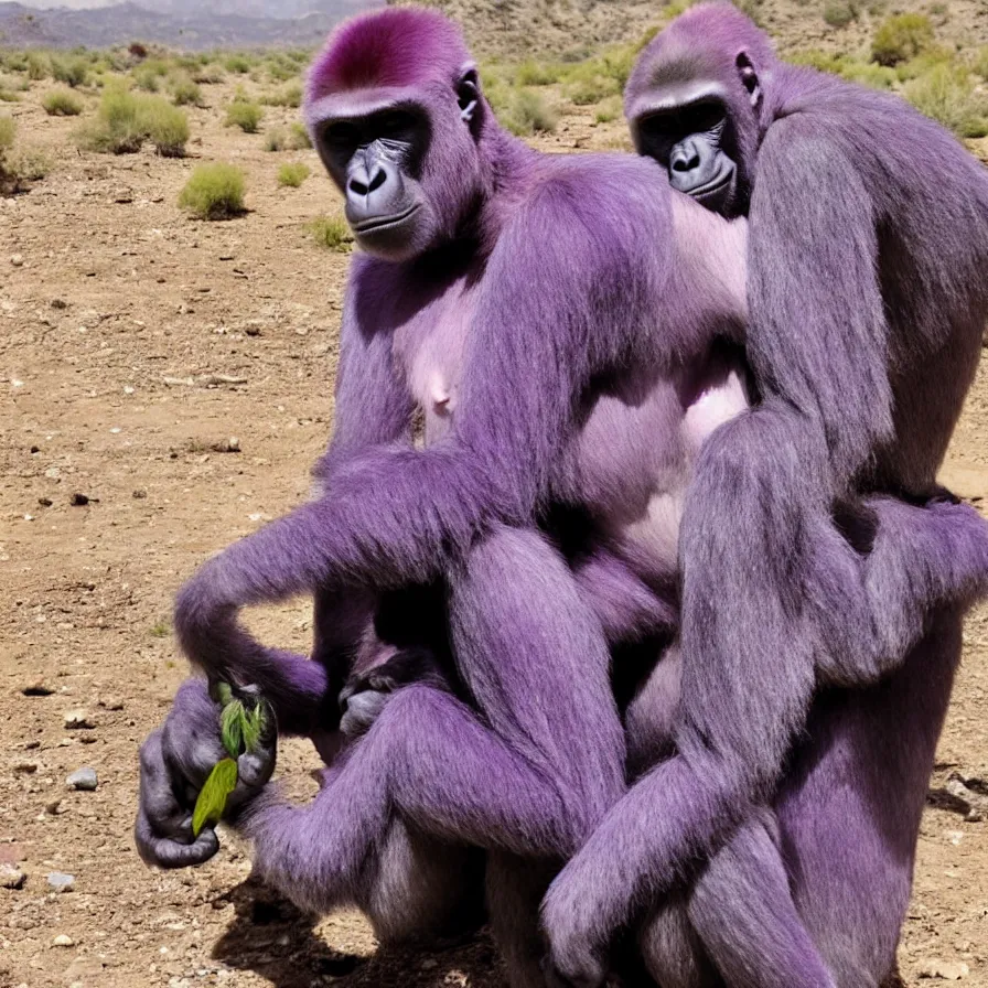Image similar to photo of a purple gorilla hugging a generic fish in the desert