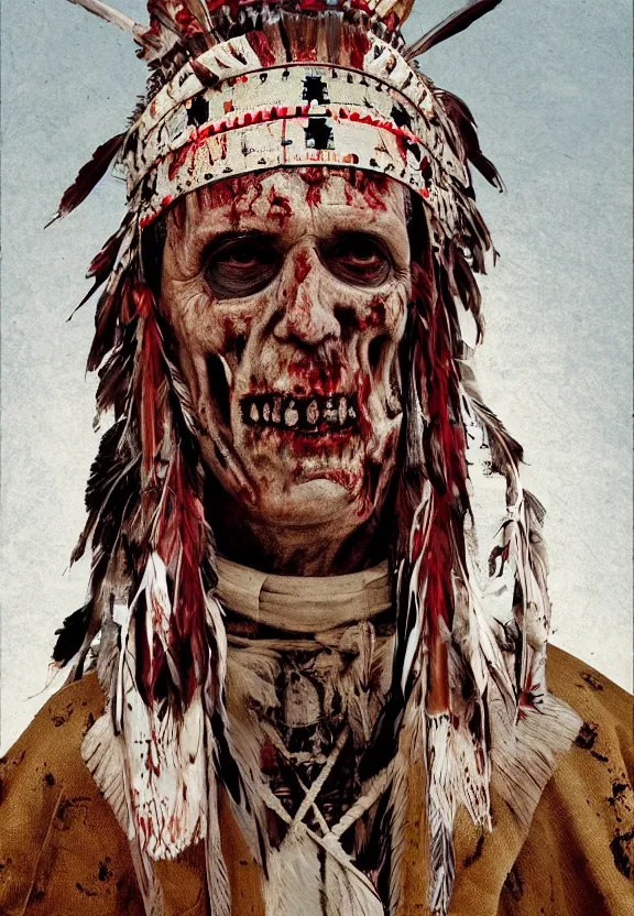 Prompt: close up portrait of zombie Pope Francis wearing a Native American Indian Feathered Headdress War Bonnet, dead redemption, by James Gilleard and Beeple