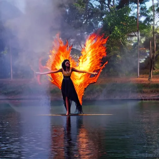 Prompt: a photo of the Egyptian Goddess Of Fire walking on water at the Nilo