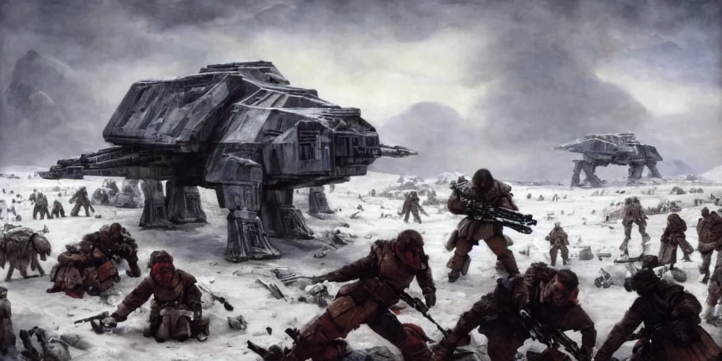 Prompt: the battle of hoth, rebel soldiers fighting enormous at - at walkers painted by jan matejko. oil on canvas, sharp focus, cinematic atmosphere, detailed and intricate, perfect anatomy, detailed and intricate environment and characters