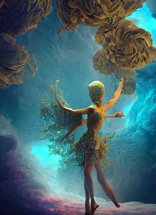 Image similar to flowers within the whole infinite capsule goddess apparent with awe the apparition, an idea seep's into infinity and gives me wings, highly detailed in volumetric latent space, golden turquoise steampunk, high contrast cinematic light, mystical shadows, sharp focus, divine realm of gods, octane render, artist by boris vallejo,