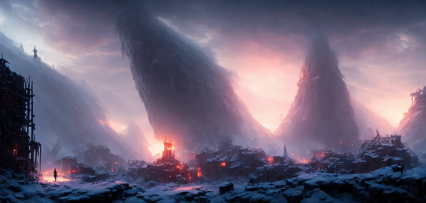 Prompt: frostpunk portal, cinematic view, epic sky, detailed, concept art, low angle, high detail, warm lighting, volumetric, godrays, vivid, beautiful, trending on artstation, by jordan grimmer, huge scene, grass, art greg rutkowski