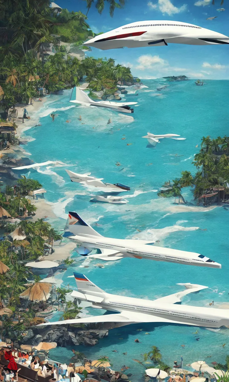 Prompt: a concorde plane transformed in a beach bar in the middle of a paradisiac lagoon full of tropical fish, butterflies, palms and surrounded by riverfalls, global illumination lighting artstation, ilya kuvshinov