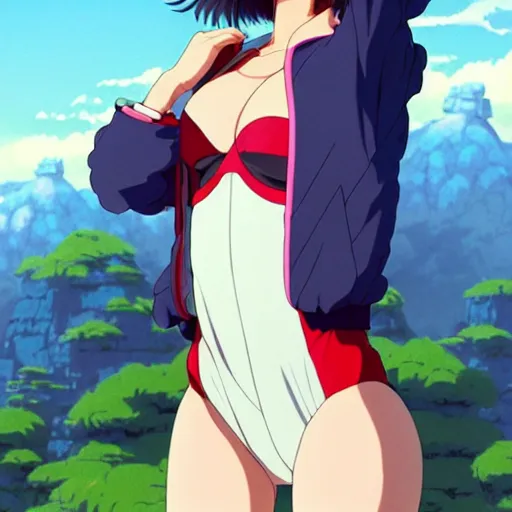 Image similar to a beautiful natalie portman as an anime boy gravure model, wearing oversized mayan bomber jacket and leotard with overalls, bulky poofy bomber jacket with mayan patterns, aztec street fashion, gapmoe yandere grimdark, trending on pixiv fanbox, painted by greg rutkowski makoto shinkai takashi takeuchi studio ghibli, akihiko yoshida