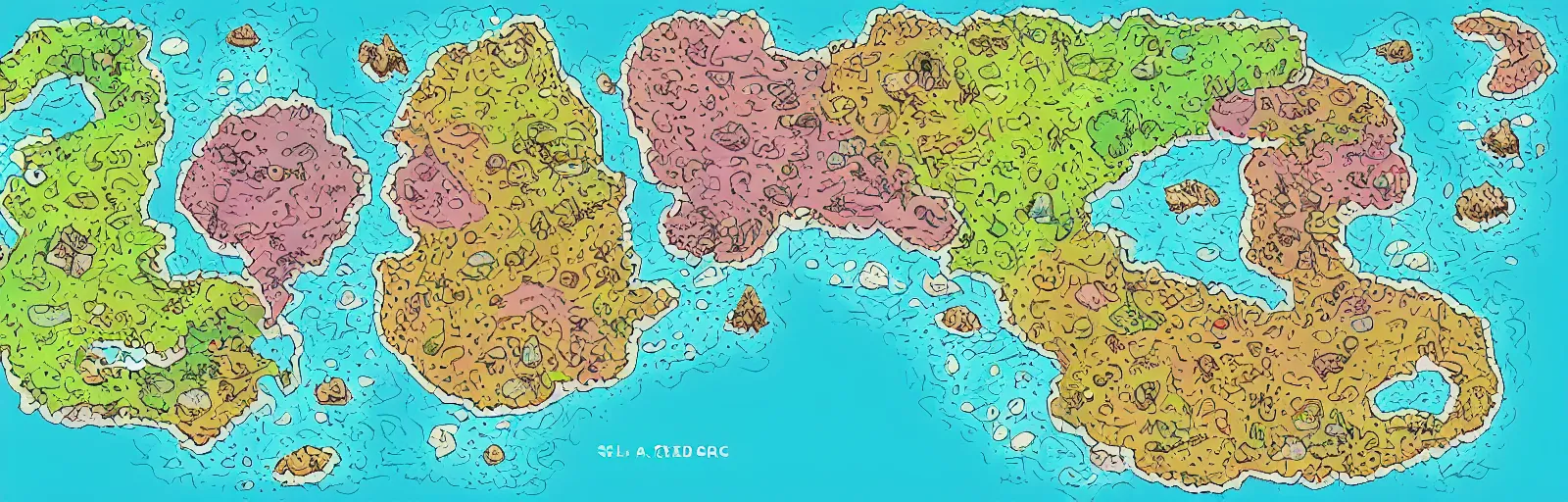 Image similar to a rpg map divided into colored regions surrounded by ocean, flat colors and strokes