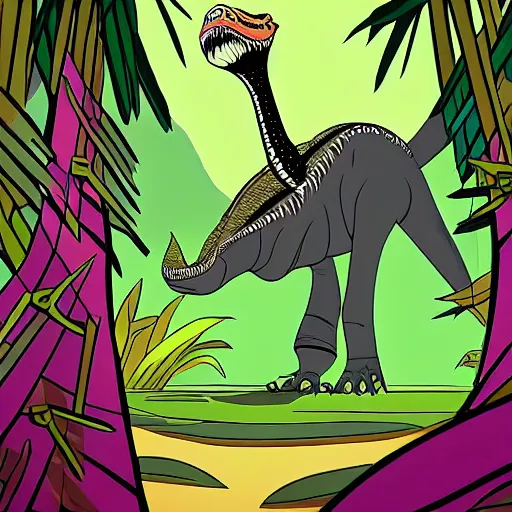 Image similar to tyrannosaurus in the jungle, genndy tartakovsky, samurai jack