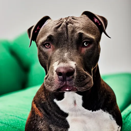 Image similar to American Staffordshire terrier wearing a green sweater, sitting on a sofa, 8k, hdr, instagram photo