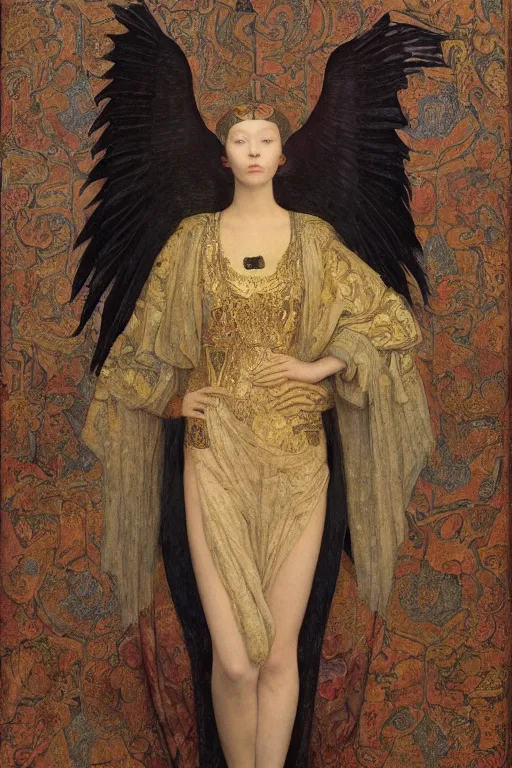 Prompt: an anthropomorphic raven dressed as a renaissance lord , by Annie Swynnerton and Nicholas Roerich and John Bauer and jean delville and John William Godward and Donato Giancola and Vermeer, satin brocade and embroidered velvet, iridescent beetles, rich color, dramatic cinematic lighting, featured on Artstation, extremely detailed