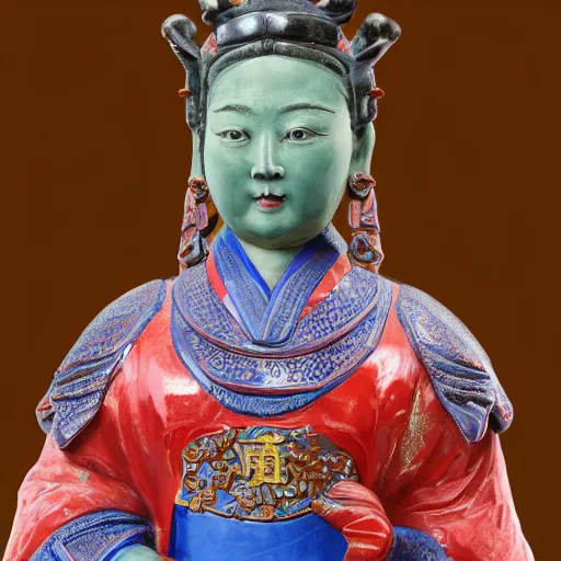 Image similar to museum princess portrait statue monument made from chinese porcelain brush face hand painted with iron red dragons full - length very very detailed by rutkowski symmetrical well proportioned