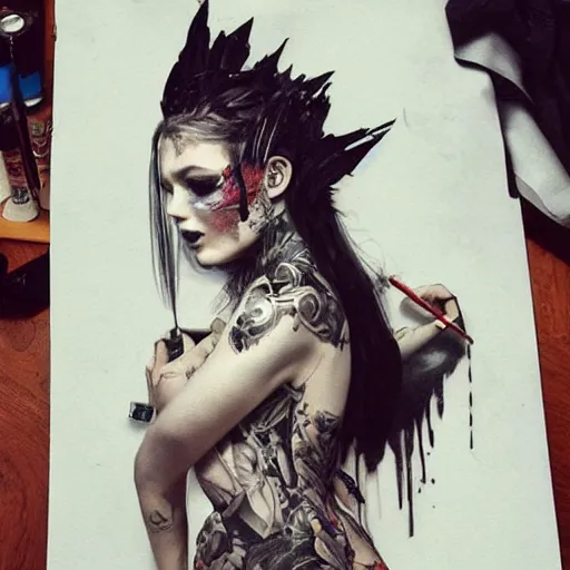 Image similar to female tattoo artist in gothic tattoo studio, greg rutkowski