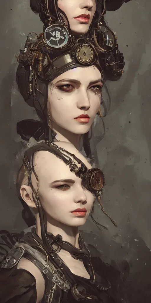Image similar to A portrait of a women in the style of steampunk by Greg Rutkowski, Sung Choi, Mitchell Mohrhauser, Maciej Kuciara, Johnson Ting, Maxim Verehin, Peter Konig, Bloodborne, 8k photorealistic, cinematic lighting, HD, high details, dramatic, dark atmosphere, trending on artstation