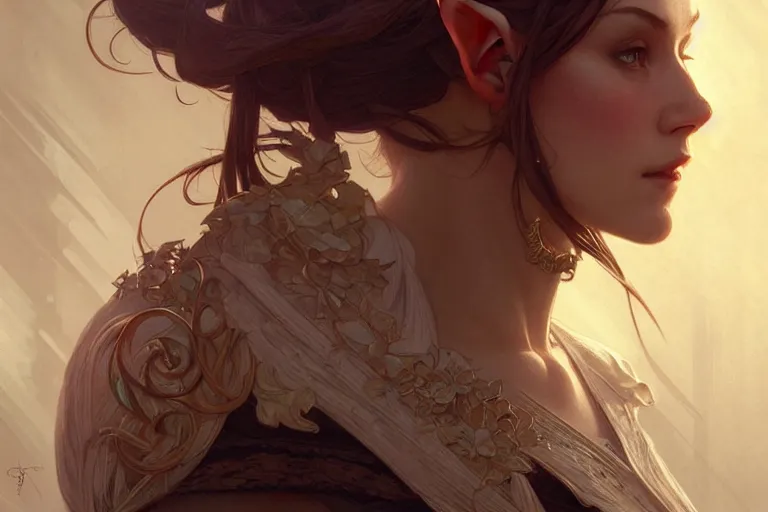 Image similar to the righteous female elf, deep focus, intricate, elegant, highly detailed, digital painting, artstation, concept art, matte, sharp focus, illustration, art by artgerm and greg rutkowski and alphonse mucha