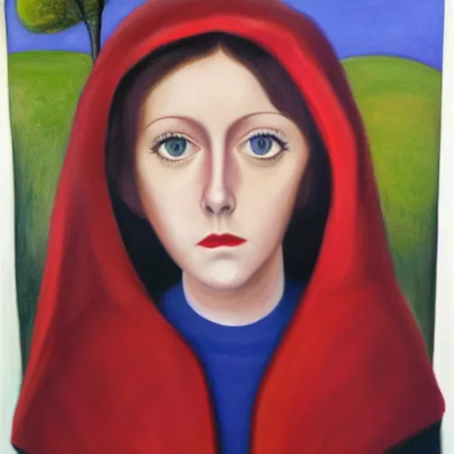 Image similar to margaret keane oil on canvas, little red riding hood, full body portrait