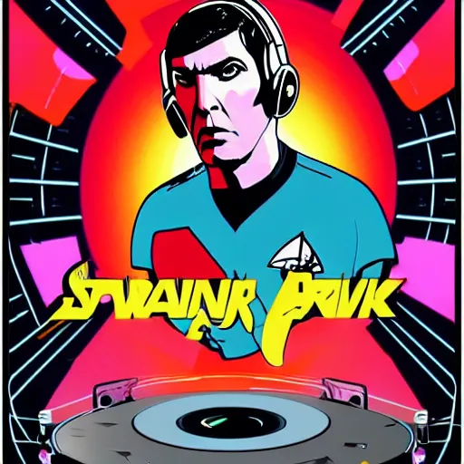 Image similar to svg sticker of a Pop-Wonder Captain-Spock-Star-Trek at a rave, spinning records, giant headphones rocking out, wearing headphones, huge speakers, dancing, rave, DJ, spinning records, digital art, amazing composition, rule-of-thirds, award-winning, trending on artstation, featured on deviantart