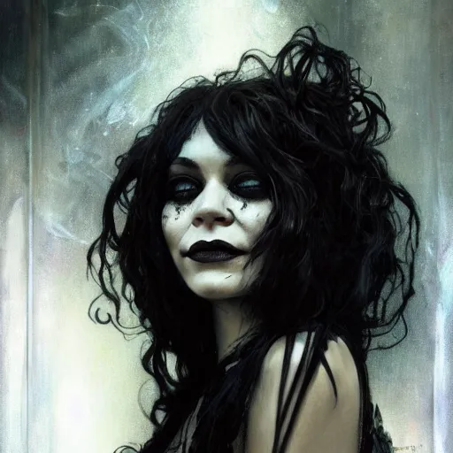 Image similar to beautiful portrait of vanessa hudgens as death from sandman, smiling, by cedric peyravernay, alphonse mucha, by jeremy mann, by lecouffe deharme, goth chic, soft lightning, eyeliner, punk rock, high detailed, 8 k