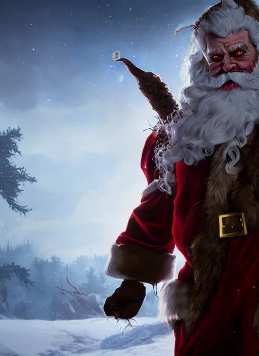 Prompt: An epic fantasy comic book style portrait painting of a long haired, evil Santa Claus played by Barry Bostwick in the abandoned North-pole fighting a Krampus monster, unreal 5, DAZ, hyperrealistic, octane render, by Greg Rutkowski, RPG portrait, dynamic lighting