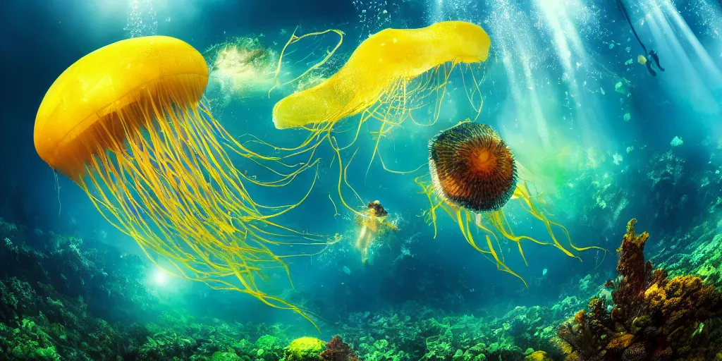 Prompt: full - length professional photo underwater landscape with a big flying jellyfish, green colors, ultra high detailed, yellow volumetric lightning, photo by, lucie drlikova