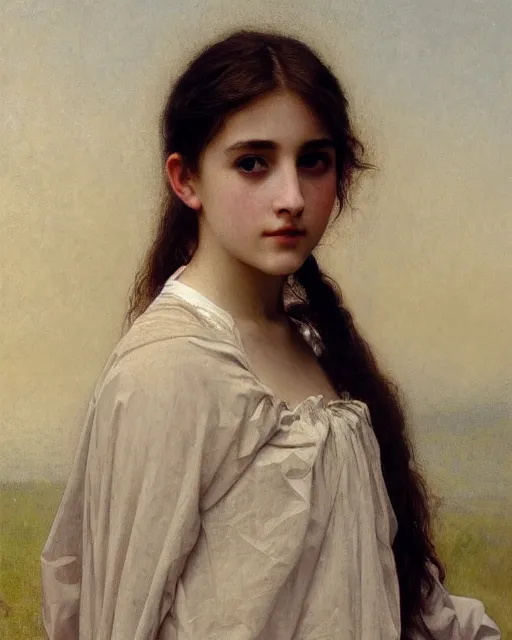 Prompt: a 16-year old girl who resembles Ana de Armas and Saoirse Ronan, wearing a transparent raincoat, detailed oil painting by William Adolphe Bouguereau