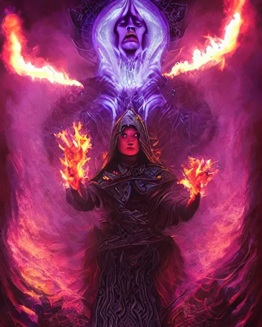 Image similar to pyromancer necromancer cover in purple flames, deep pyro colors, purple laser lighting, award winning photograph, radiant flares, realism, lens flare, intricate, various refining methods, micro macro autofocus, evil realm magic painting vibes, hyperrealistic painting by michael komarck - daniel dos santos