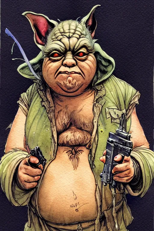 Image similar to a realistic and atmospheric watercolour fantasy character concept art portrait of a fat sleazy homeless chibi yoda wearing a wife beater and holding a handgun, by rebecca guay, michael kaluta, charles vess and jean moebius giraud