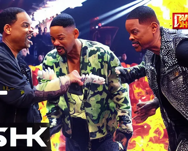 Image similar to will smith fighting with chris rock at toxic waste lake deathbattle 4k