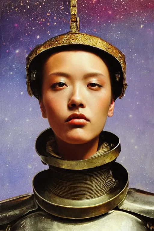 Image similar to hyperrealism oil painting, close-up portrait of medieval fashion model, knight, steel gradient mixed with nebula sky, in style of baroque mixed with 70s japan book art