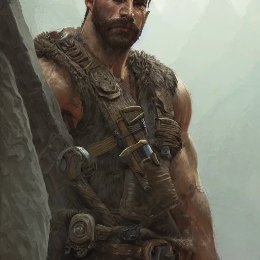 Image similar to portrait of a rugged ranger, muscular, upper body, hairy torso, D&D, fantasy, intricate, elegant, highly detailed, digital painting, artstation, concept art, smooth, sharp focus, illustration, art by greg rutkowski