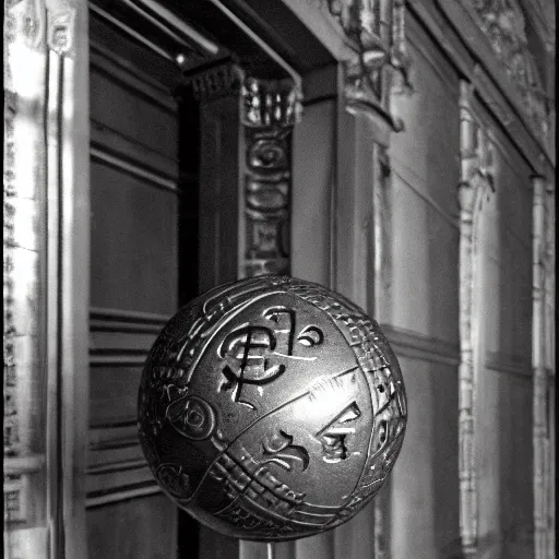 Image similar to an iron ball with weird symbols engraved on it, the ball is on a pedestal. the light enter the room by a hole in the ceiling. closeup. anne rice.