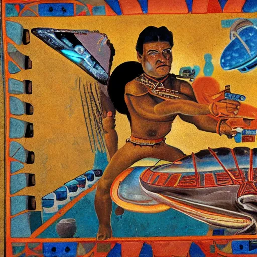 Image similar to mayan fresco of dan akroyd piloting a ufo, national geographic