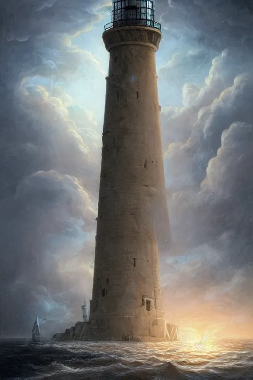 Prompt: Detailed Exterior Shot of Stormy!!! Lighthouse of Alexandria, light of sin, moonlight shafts, flock of birds, night atmosphere, in Style of Peter Mohrbacher, cinematic lighting