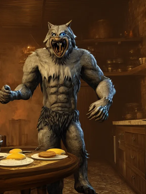 Image similar to cute handsome cuddly burly surly relaxed calm timid werewolf from van helsing sitting down at the breakfast table in the kitchen of a normal suburban home having fun baking cupcakes with orange frosting unreal engine hyperreallistic render 8k character concept art masterpiece screenshot from the video game the Elder Scrolls V: Skyrim