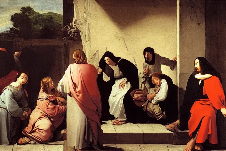 Image similar to 3 women at the tomb of jesus, caravaggio, rubens, pieter de hooch, ary scheffer