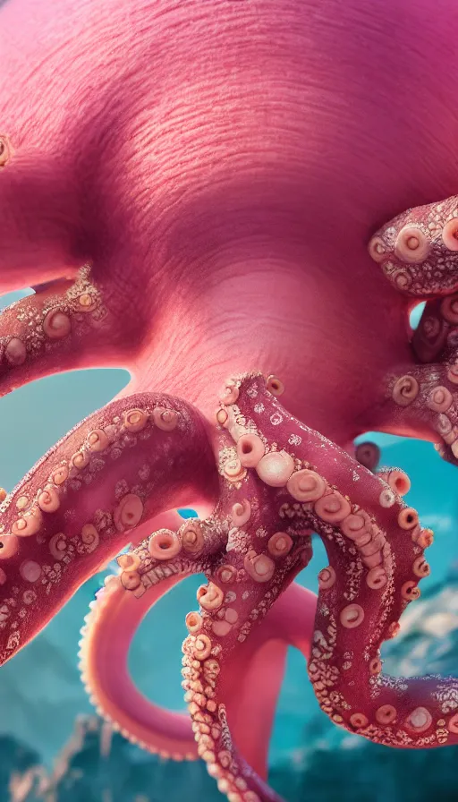 Image similar to A octopus centered-photograph of a pink elephant, film still, dynamic action pose, National Geographic, insane detail, intricate, highly detailed, Zeiss Lens, DSLR photography, smooth, sharp focus, Unreal Engine 5, Octane Render, Redshift, 8K