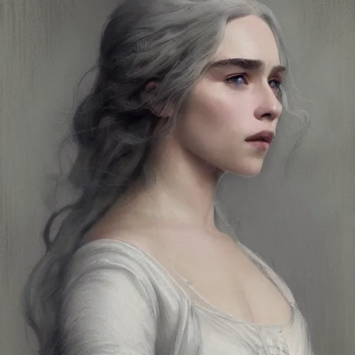 Prompt: beautiful striking Pre-Raphaelite Emilia Clarke white hair, by Artgerm and Greg Rutkowski, intricate, elegant, highly detailed, digital painting, pale