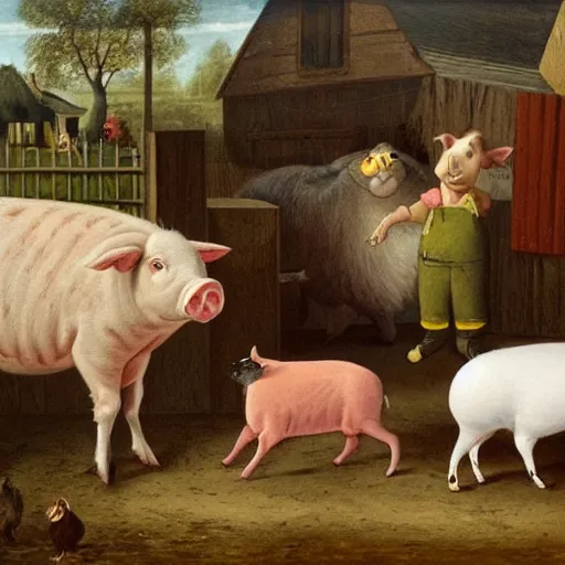 Prompt: butcher giving food to a cat, while being watched by a pig, a sheep, a chicken and a cow