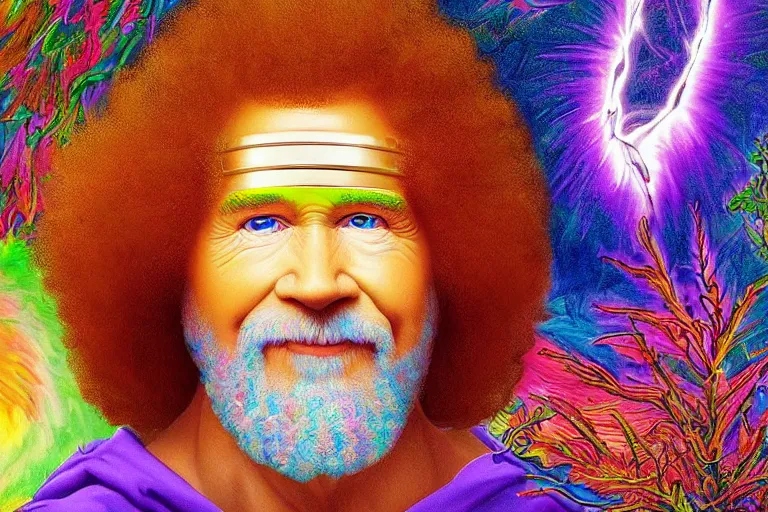 Image similar to bird's eye view of a god transubstantiating into a human being, highly detailed, realistic, as drawn by bob ross and lisa frank