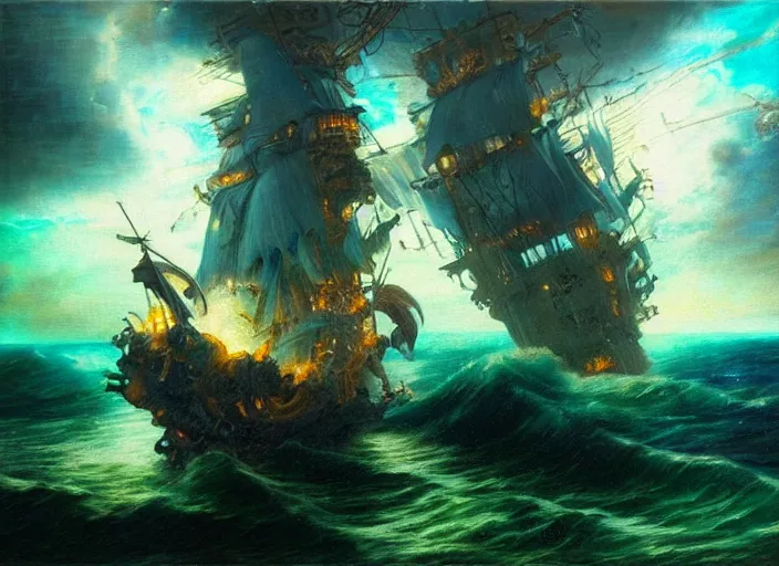 Prompt: Beautiful oil painting of a flying glowing pirate ship by Titian and Chie Yoshii and Villeneuve, portrait, cyberpunk, vaporwave, intricate, elegant, light green mist, storm, The Flying Dutchman, magical, highly detailed, dramatic lighting, sharp focus, trending on artstation, artstationHD, artstationHQ, unreal engine, 4k, 8k