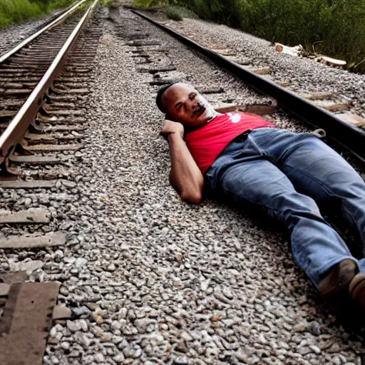 Prompt: man laying on train tracks